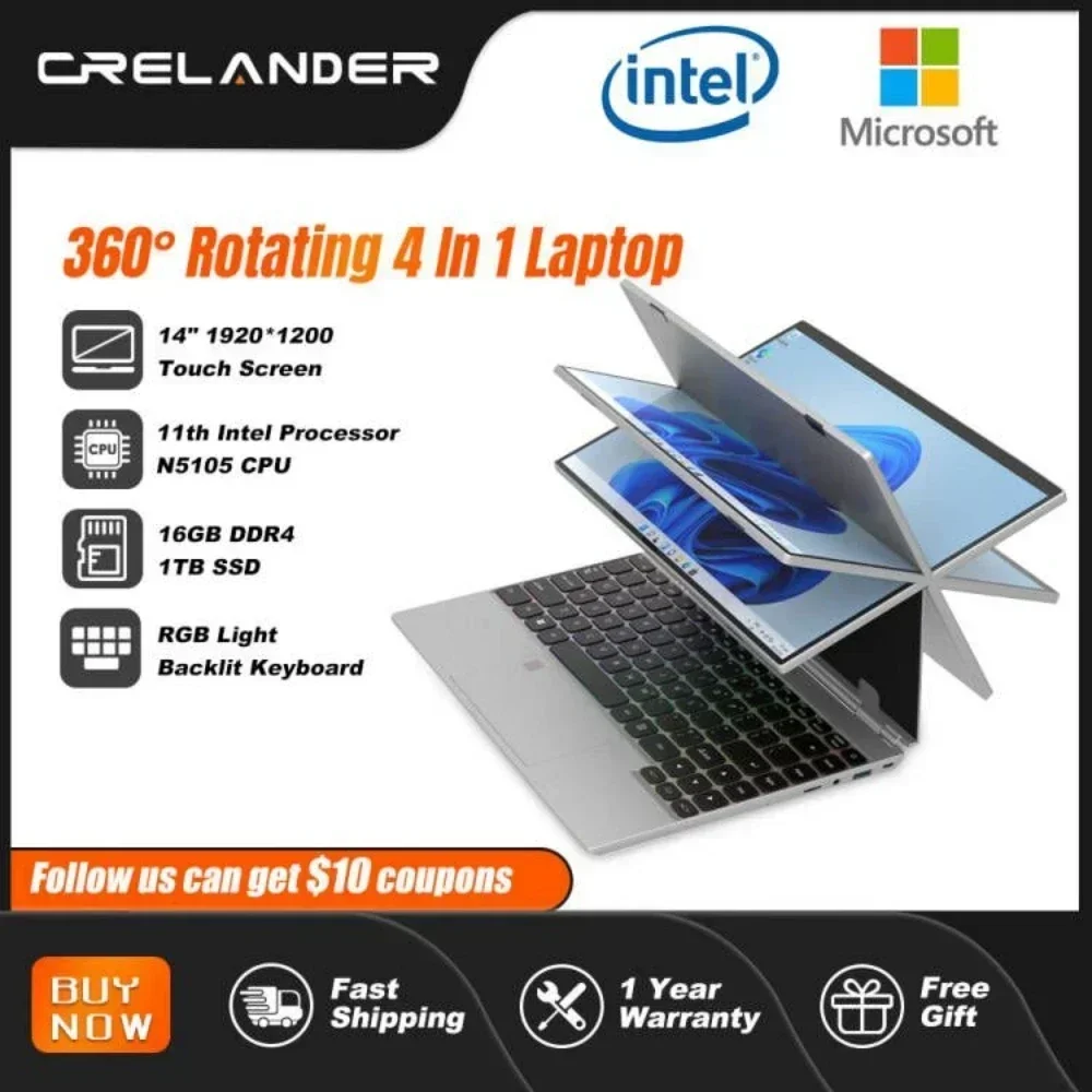 CRELANDER-ordenador portátil 2 en 1 con pantalla táctil giratoria de 360 grados, 14 pulgadas, Intel N5105 RAM, 16GB, Windows 11