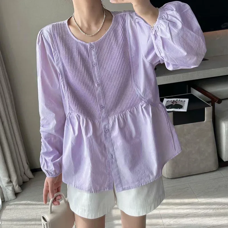 Quality Knitted Patchwork Long Sleeves Shirt for Women\'s Spring Autumn New Korean Version Loose Slimming Versatile Trendy Top