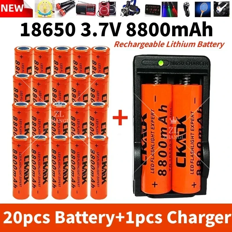 100% Original 18650 3.7V 8800mAh Rechargeable Lithium Battery with 10A Discharge, Suitable for 18650 Battery+charger