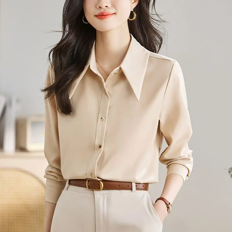 Spring Autumn Business Casual Interior Lapping Ladies Solid Color Women\'s Clothing Tops Office Lady Shirts Fashion New Blouses