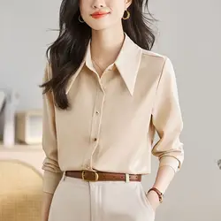 Spring Autumn Office Lady Solid Color Shirts Ladies Casual Interior Lapping Tops Buttons Women's Clothing Intellectual Blouses