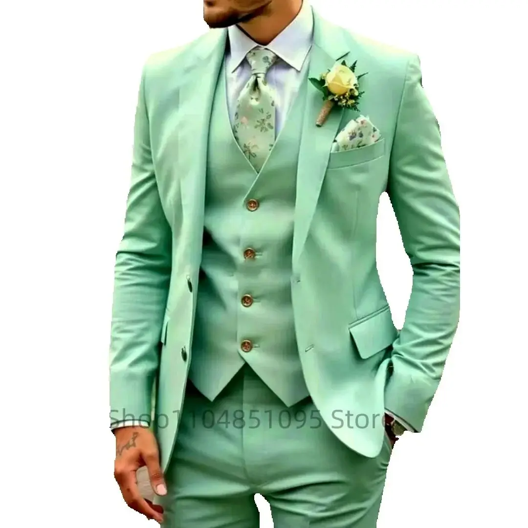 3 قطعة النعناع الأخضر الرجال سليم صالح الدعاوى الأعمال حفل زفاف البدلات الرسمية السترة سترة السراويل الشق التلبيب سترة رجل أنيق الملابس