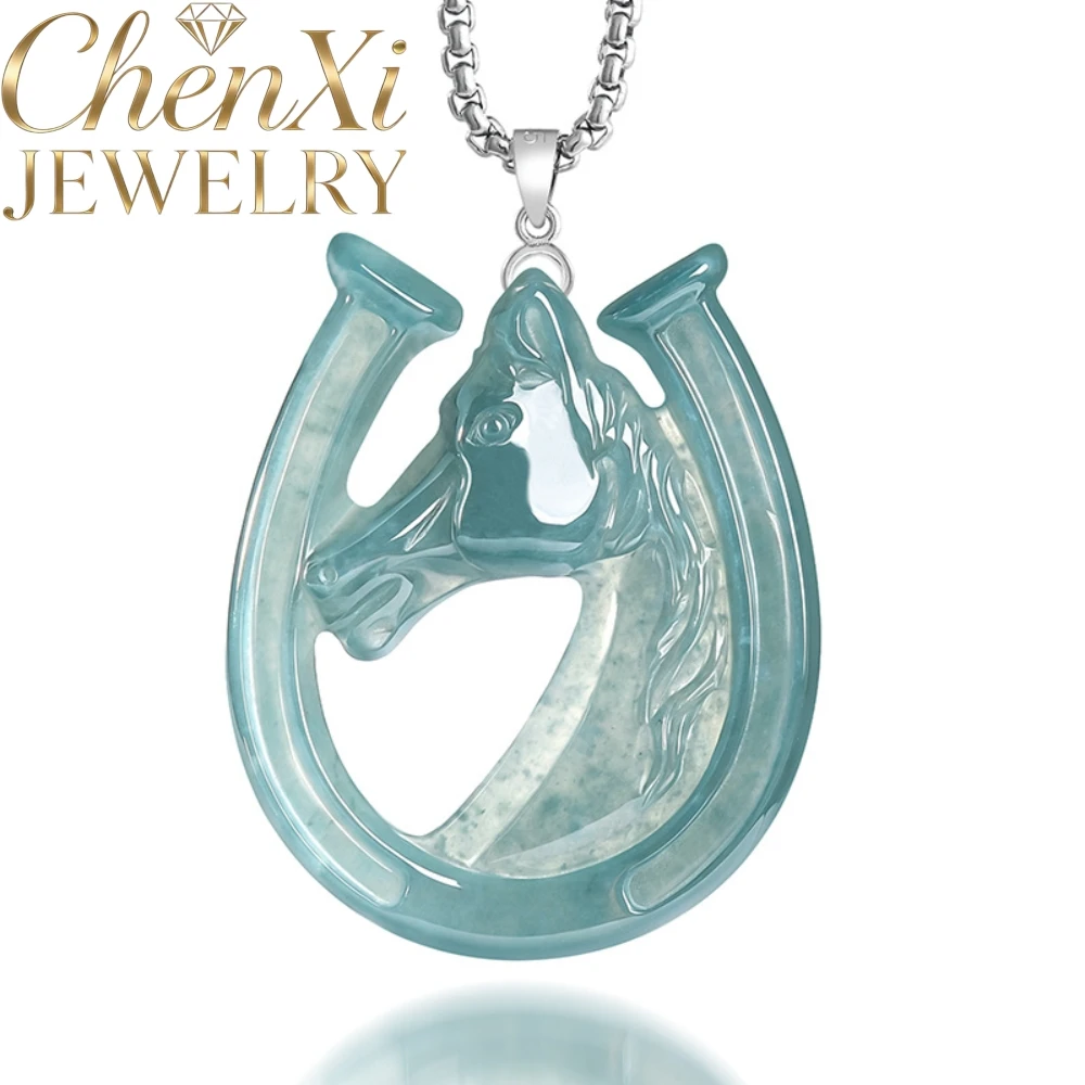 Natural Grade A Burmese Ice Blue Water Jadeite Horseshoe Pendant S925 Sterling Silver Inlaid Lucky Charm Jewelry Daily Wear Gift