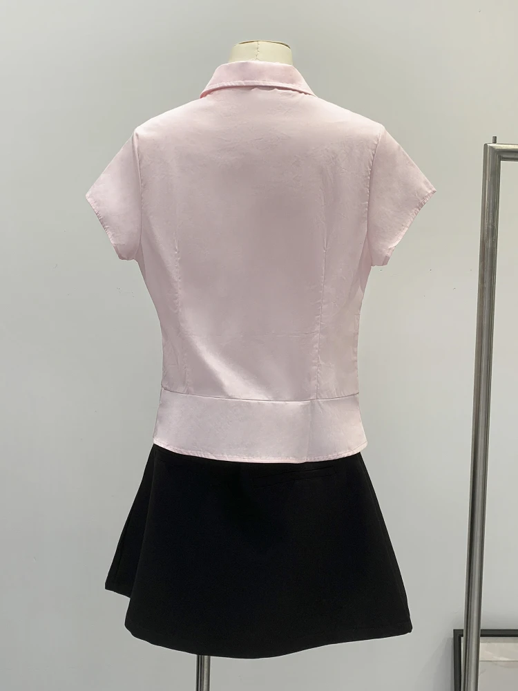 Slim Fit Gradient Sleeve  Shirt Women's Summer New Style Short Length College Style Fashion Pink Color Block Button Detail