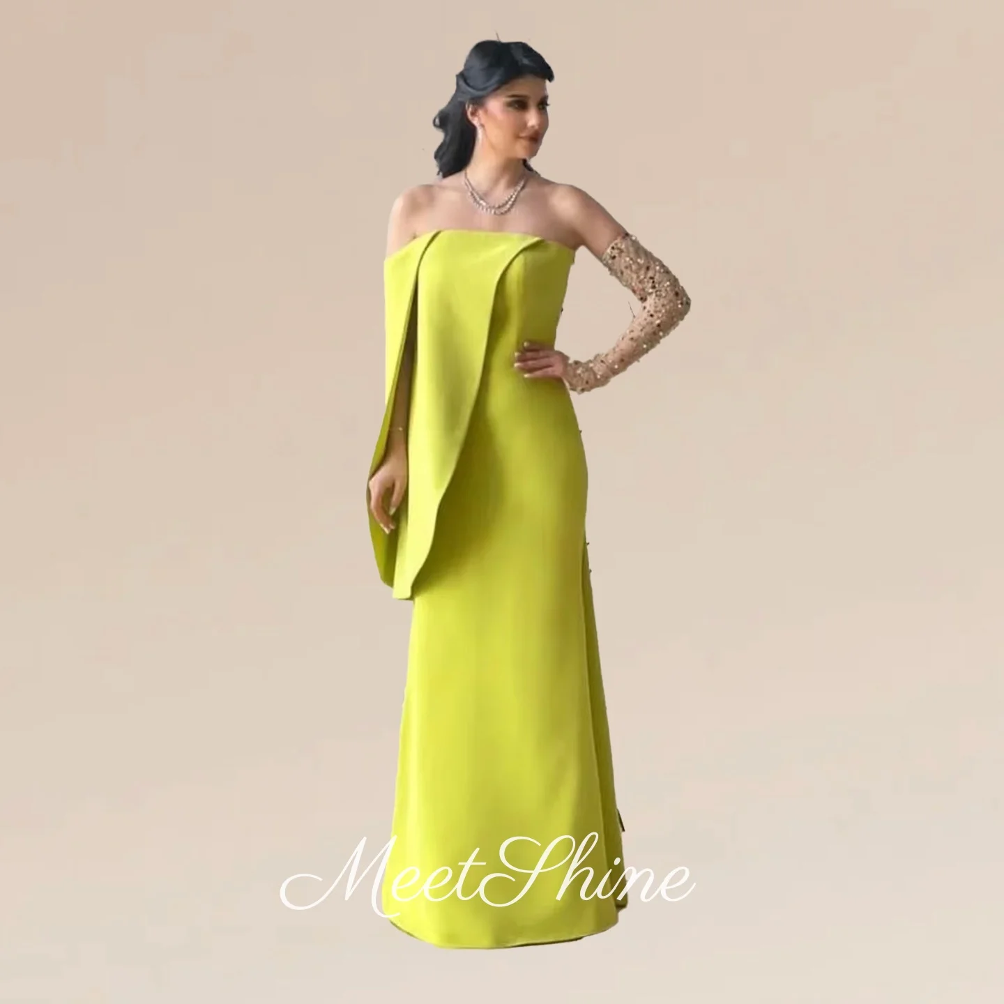 

Green Yellow Off Shoulder Prom Dress Mermaid Evening Gown for Woman Long Sleeves Princess Saudi Arabia Formal Wedding Dress
