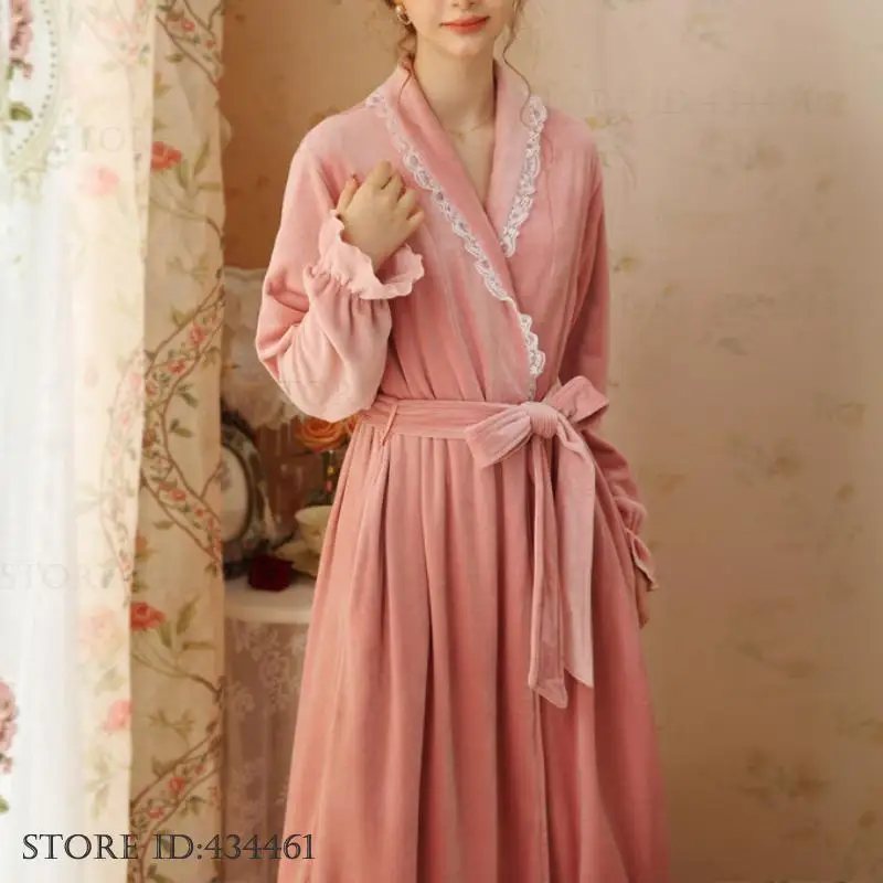 

Autumn Winter Flannel Sleepwear Women's Long Robe Kimono Gown Bathrobe Elegant French Style Night Wear Negligee Loose Homewear
