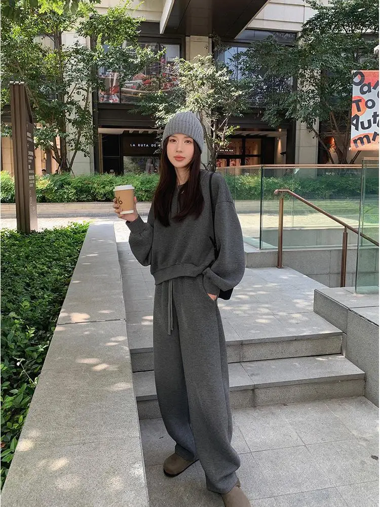 

Осенний серый пуловер с круглым вырезом и длинными рукавами, топы и широкие брюки на шнуровке с высокой талией, комплект из двух предметов, новый женский костюм