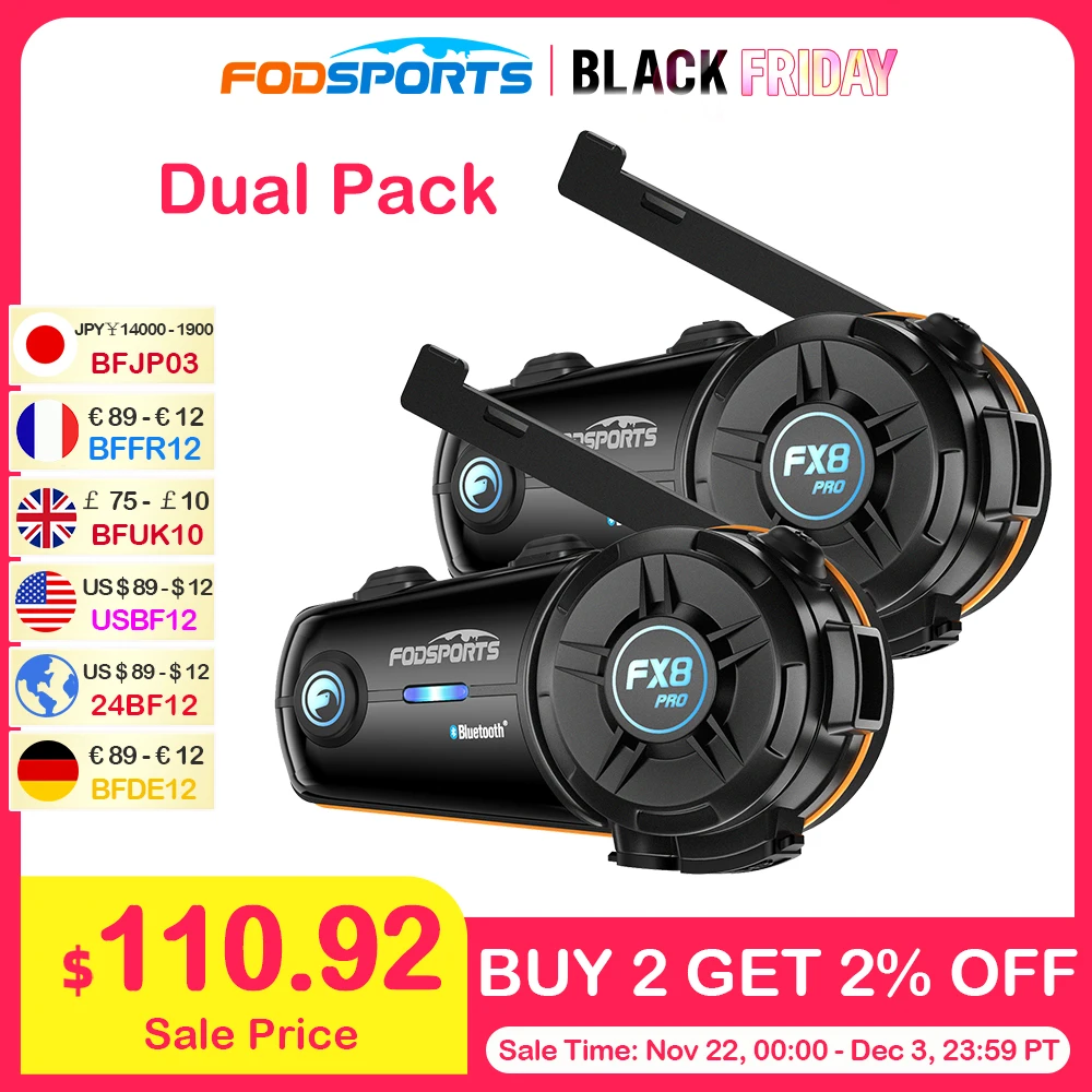 2pcs Fodsports FX8 Pro 8 Riders 1000m Helmet Motorcycle Bluetooth Dual Chip 5.0 Universal Wireless Helmet Waterproof  Intercom