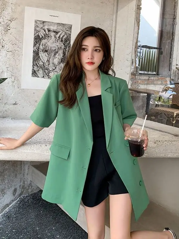 plus Size Women's Summer Casual Short Sleeve Suit Jacket Thin Medium Length Outerwear Breathable Comfortable Female Blouse