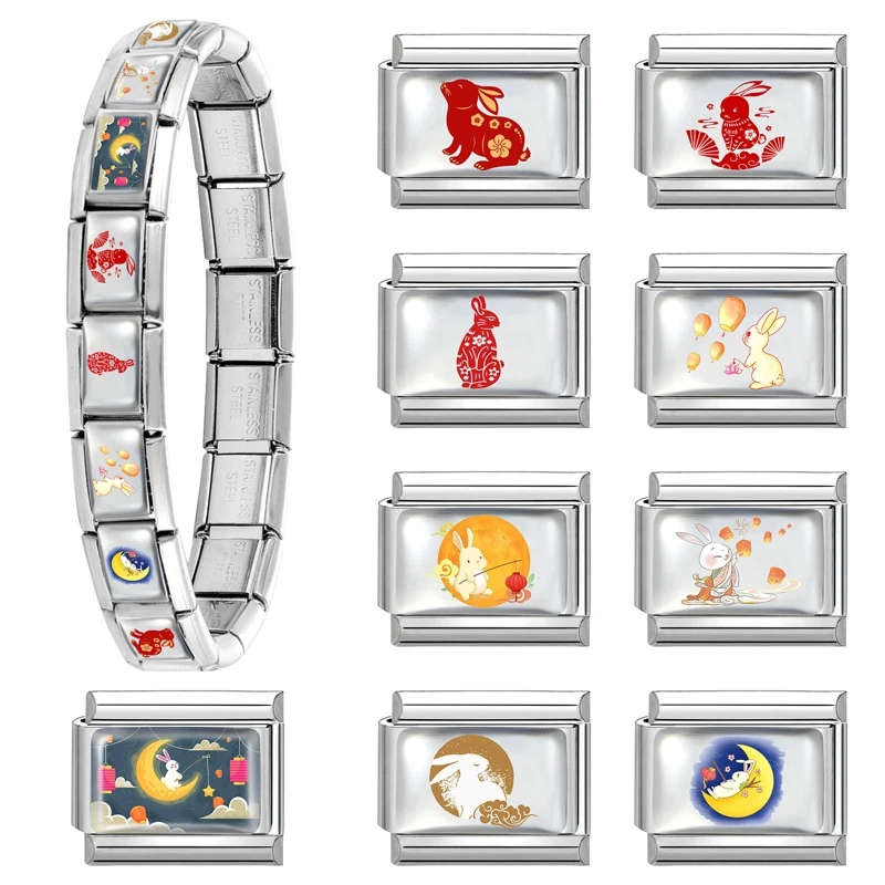 Fashion Y2K Colorful Charm Rabbit Moon Lantern Jewelry Chain Link Fit 9mm Italian Stainless Steel Female Bracelet DIY Making
