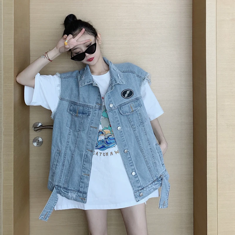 

Trendy Street Sle Denim Vest Women's Spring Autumn Loose Svel oulder Pad Jaet Harajuku Workwear Vest Outerwear