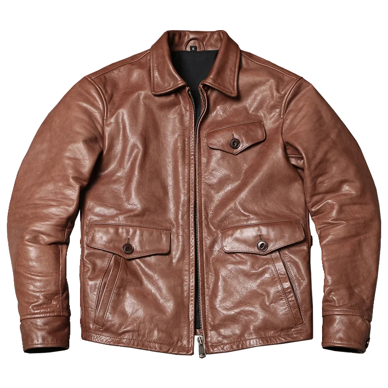 Light Brown Autumn Leather Jacket Men Casual Style Plus Size 4XL Natural Cowhide Slim Fit Short Genuine Leather Coat