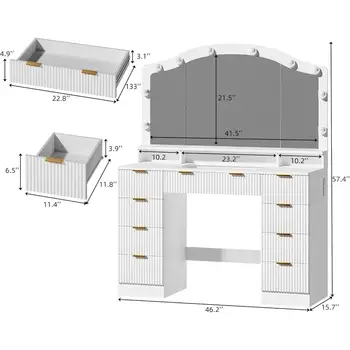 46吋凹槽梳妝台,帶大鏡子和燈,化妝梳妝台,帶玻璃檯面和電源插座,9抽屜梳妝台 8 最佳銷售 抽屜櫃 - №7