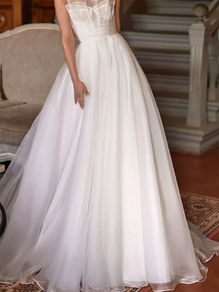 Elegant Strapless Sleeveless Tulle Pleat Straight Bride Wedding Dresses Bridal Gowns Customized ﻿