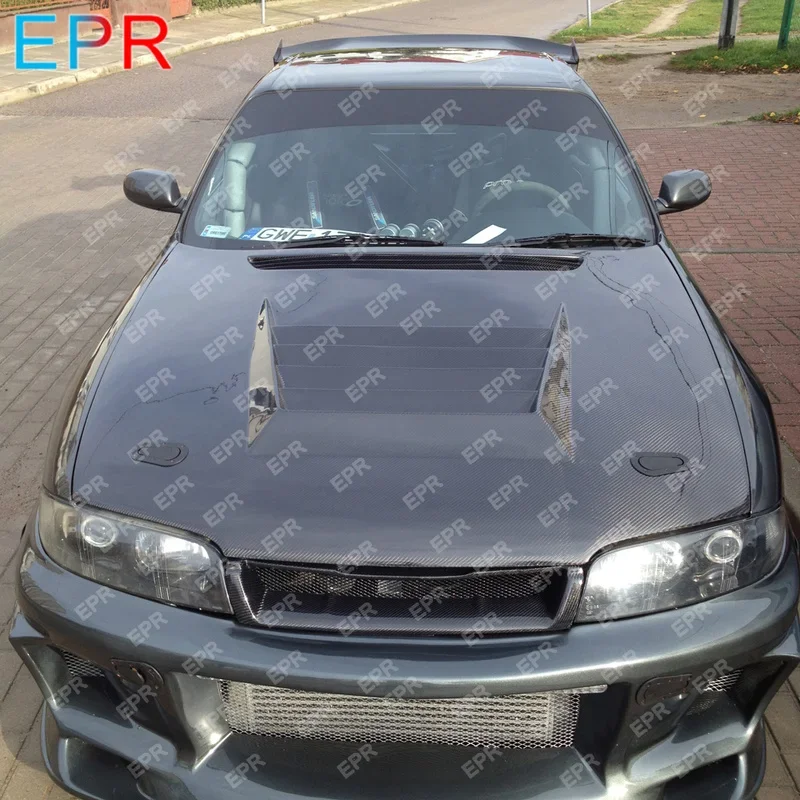 For Nissan R33 Skyline GTS Spec 1 DM Style Carbon Fiber Black Glossy Finished Front Bumper Hood Exterior Body Accessories Kit