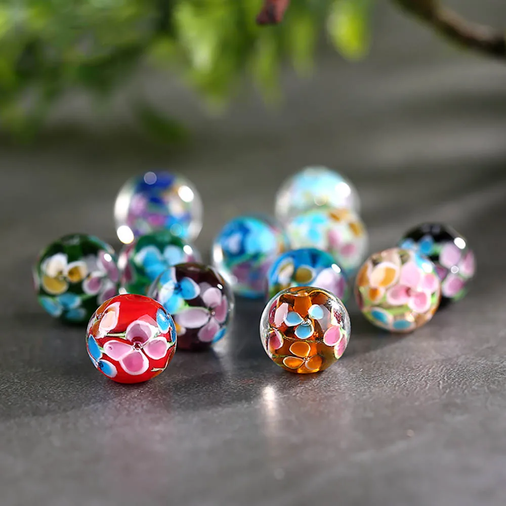 5Pcs Round Handmade Loose Beads Earring Bracelets 12mm DIY Jewelry Making Flower For Necklace Crafts Spacer Bead Lampwork Glass