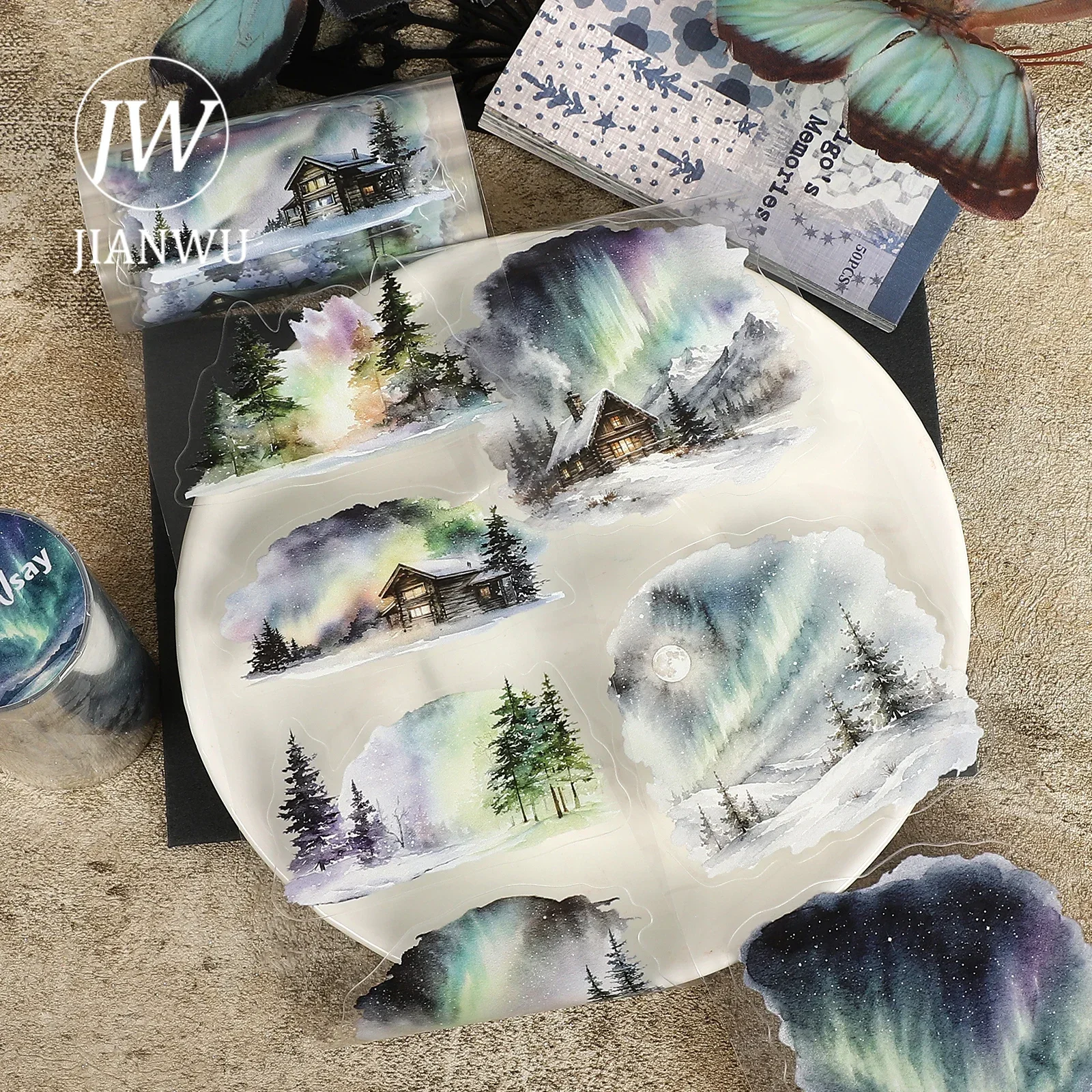 JIANWU 80mm*200cm Vintage Tree Town Aurora Landscape Material Collage Scrapbooking PET Tape Creative DIY Journal Stationery