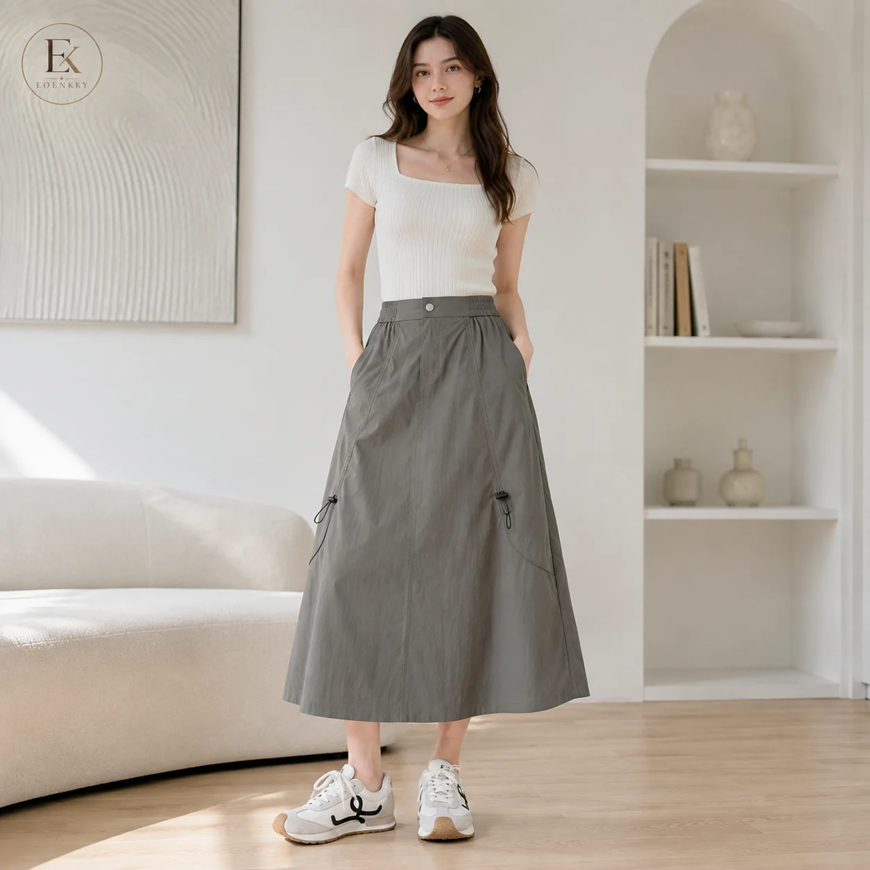 EOENKKY Women's High Waist A-Line Midi Skirt Drawstring Utility Casual Long Skirt Slight Stretch Spring Summer 2026