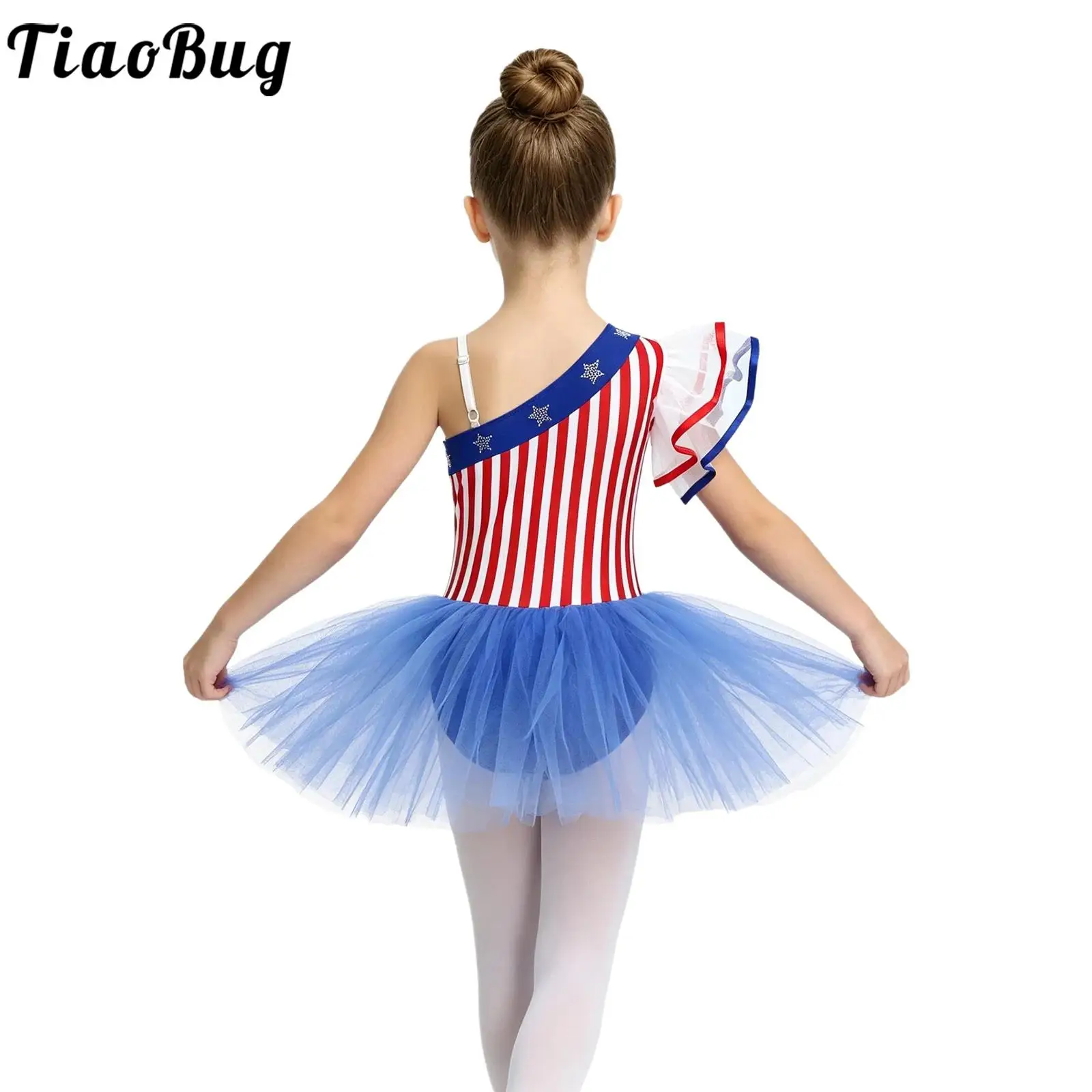 Children Girls July 4th Independence Day Costume One Shoulder Rhinestone Stars Stripe Tulle Ballet Dance Dress Gymnastic Leotard
