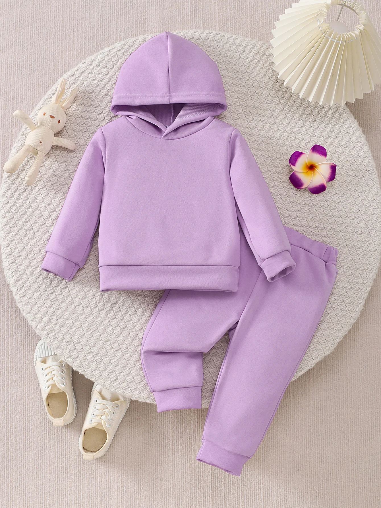 Toddler Girl Solid Purple Hoodie Pants Set 6M-5Y Kids Long Sleeve Hooded Sweatshirt Elastic Jogger Pants Casual 2Pcs Outfit