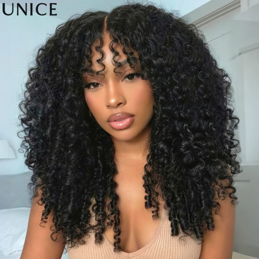 UNice 7x5 Bye Bye Slip™ Lace Burmese Curly Wig With Bangs & Finger Coil Ends Pull & Go Drawstring Glueless Human Hair Wig Ready To Go 150% Density