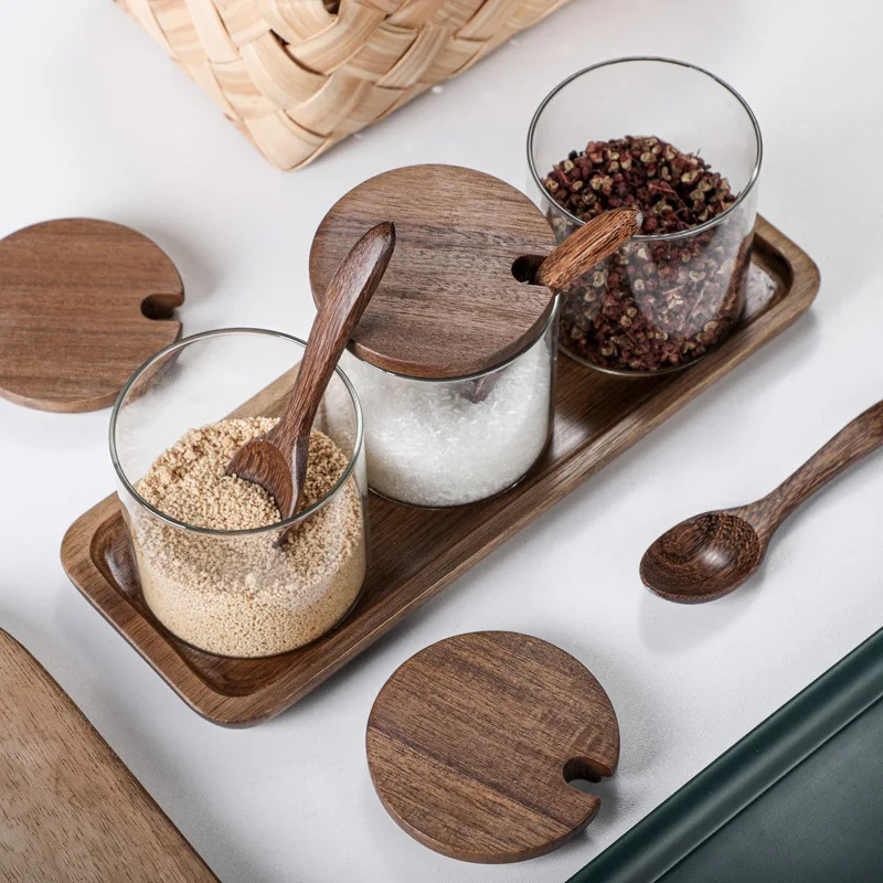 Modern Pepper Spice Glass Bottle Kitchen Seasoning Jar Food Storage Container Grains Sugar Jar with Wooden Lid Kitchen Utensils