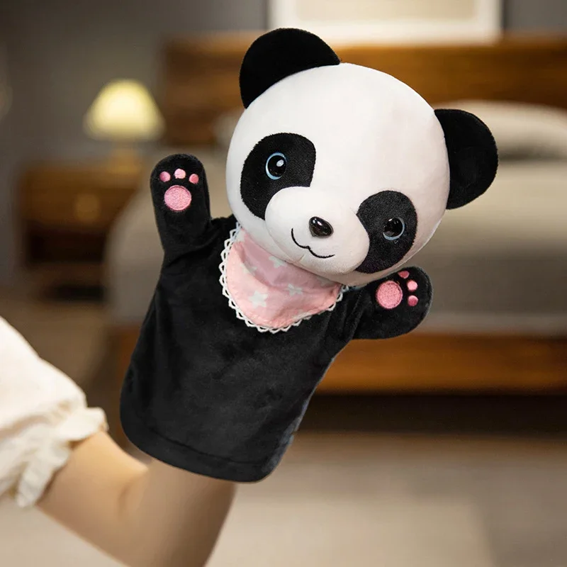 Marioneta de mano de animales del bosque de dibujos animados para niños, juguetes de peluche suaves, Panda, oveja, gatito, ciervo, caballo, accesorios de juego encantadores