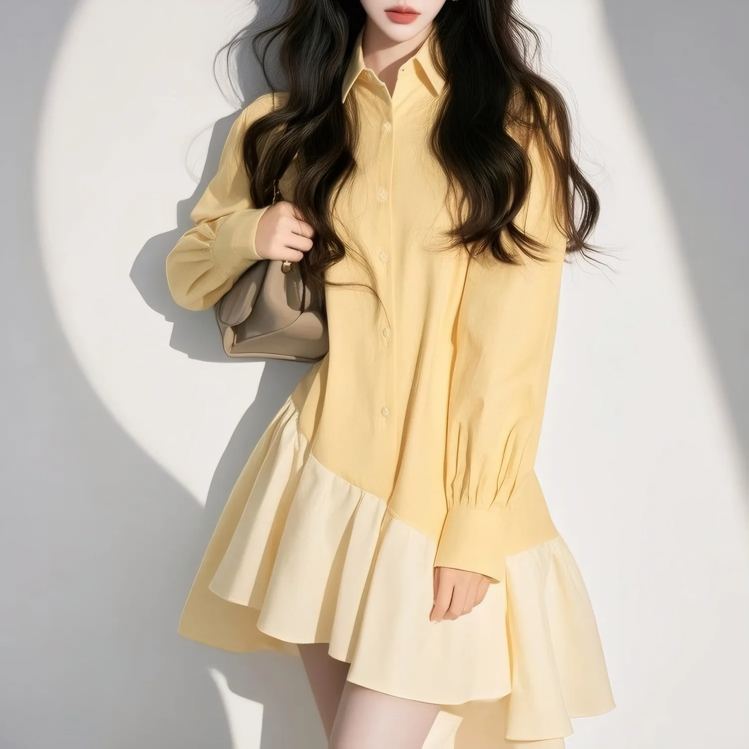 

Fashion Irregular Splicing Shirt Dress Women Spring Summer Long Sleeve Ruffle Short Mini Dress