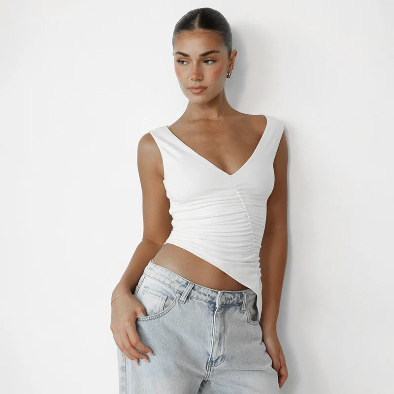 Pure Sexy Deep V Wide Strap Tank Top Front Vertical Ruched Irregular Diagonal Hem Crop Cami