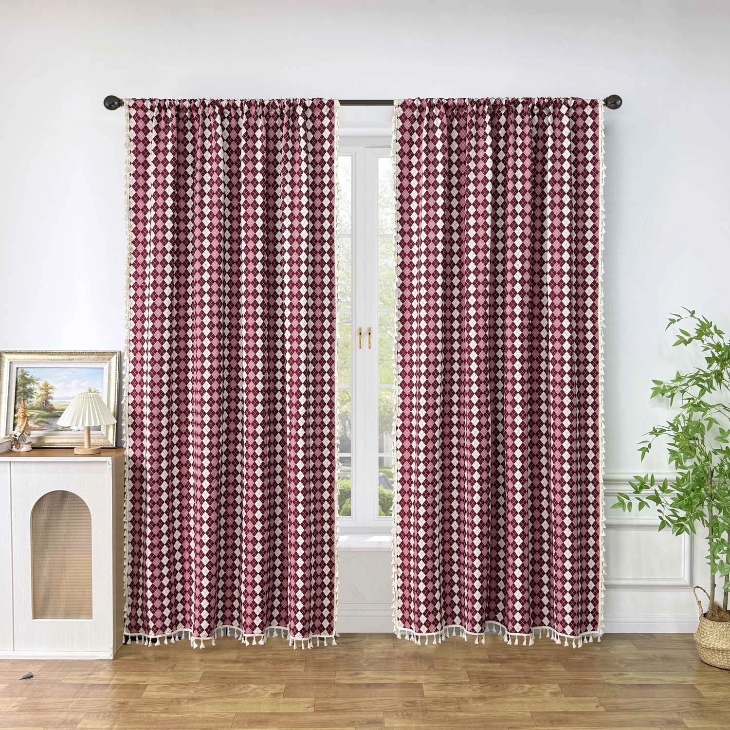

1PC American Red And White Rhombus Pattern Jacquard Curtain for Living Room Window Drape Cafe Study Home Decoration Semi-Shading