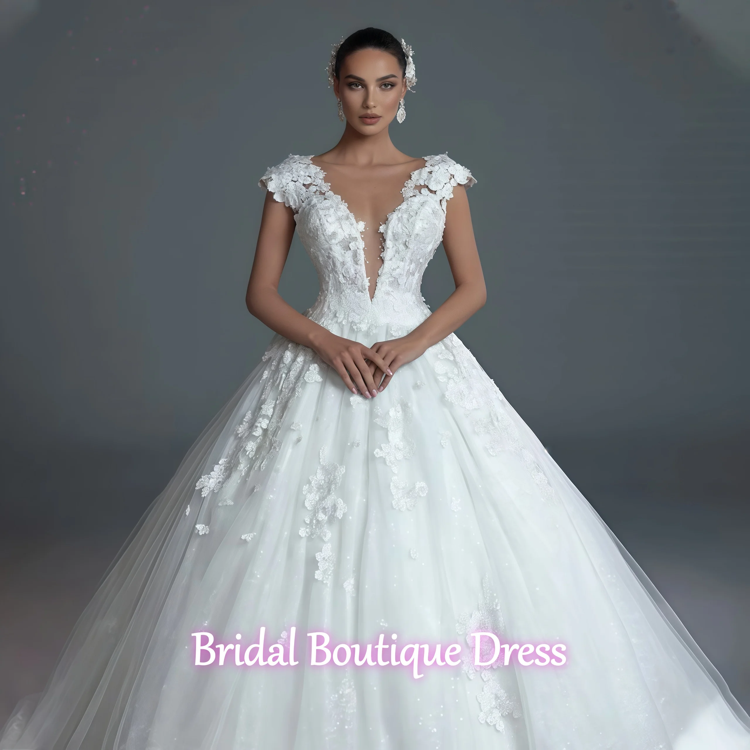 Customized Gorgeous Sexy Deep V-neck Wedding Dresses for Women Lace Appliques Corset Button  Train Bridal GownVestidos De Novia