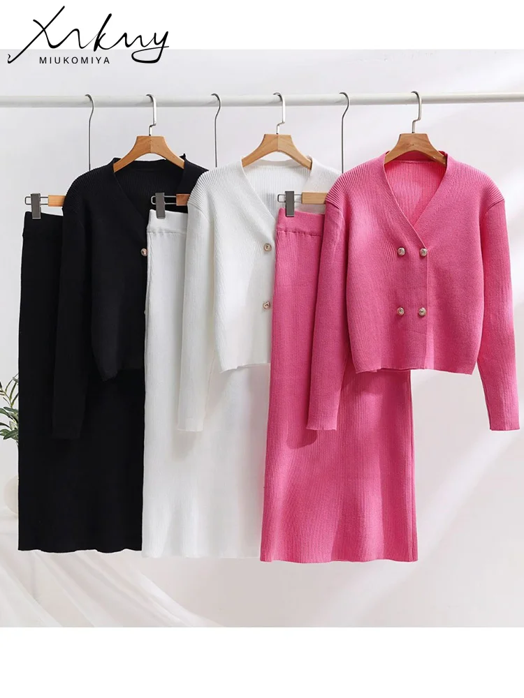 Knit Two Piece Skirt Sets Women 2 Piece Outfit White Suits With Buttons Bodycon Skirts And Jackets Pink Spring Knit Skirt Suits