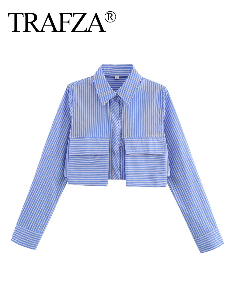 

TRAFZA Chic Lapel Single-breasted Women's Short Casual Top 2025 Women's Spring Fashion Pocket Decoration Blue Striped Shirt