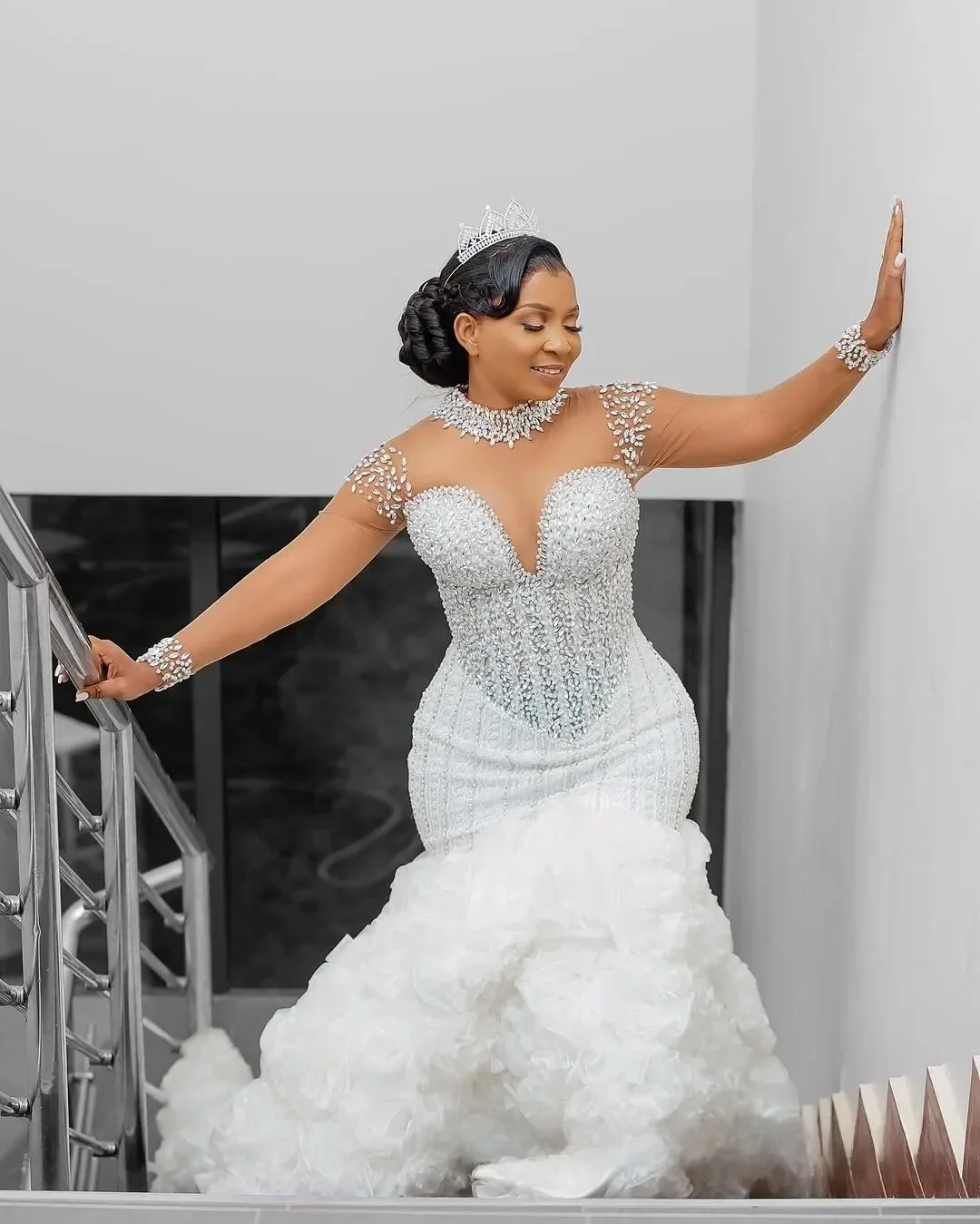 Customized Plus Size  Wedding Dress Bridal Gowns For Bride Mermaid High Illusion Beaded Lace Pearls Ruffles Tiers Rhinestones