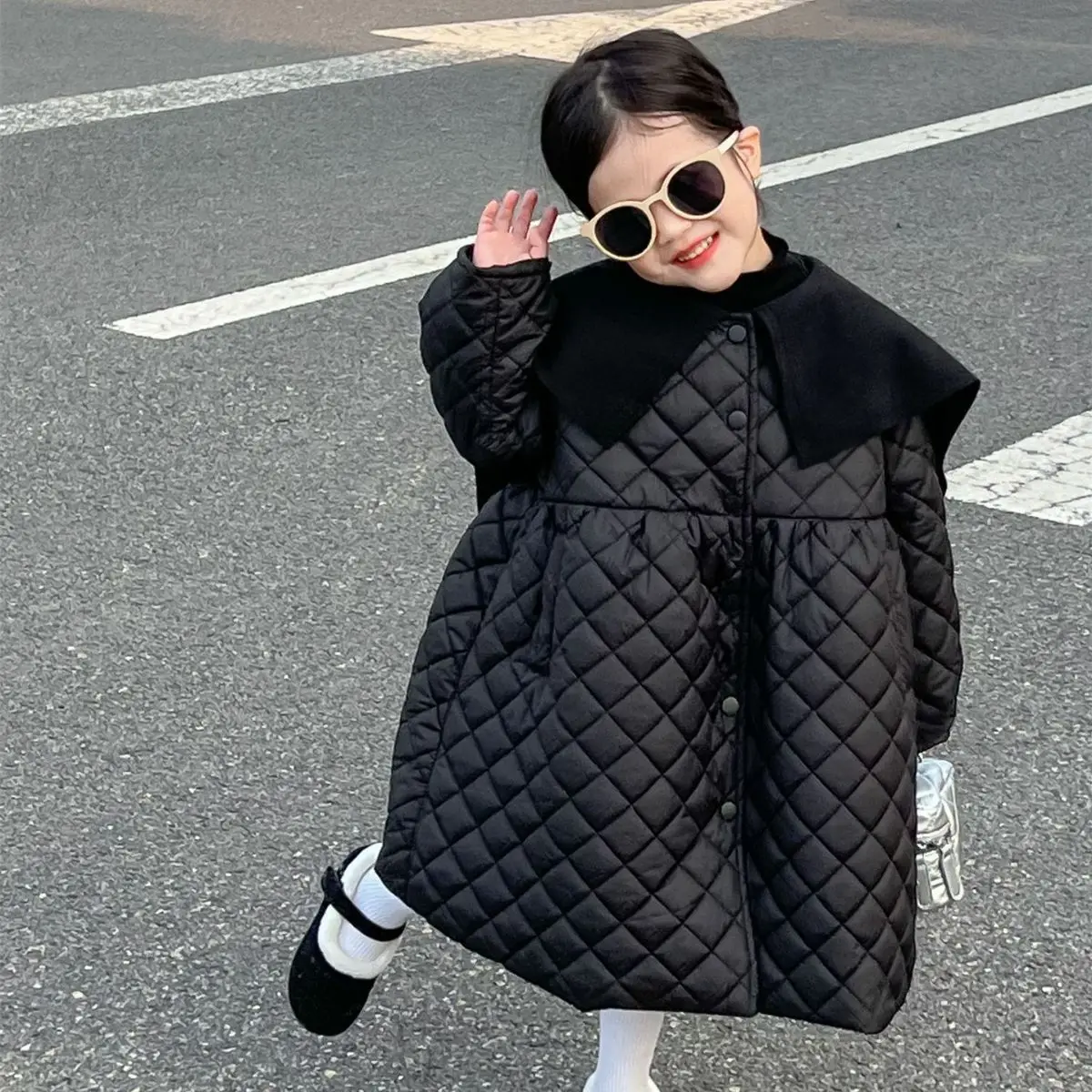 Korean children's clothing girls winter quilted retro double-sided velvet large lapel mid-length thermal cotton-padded jacket
