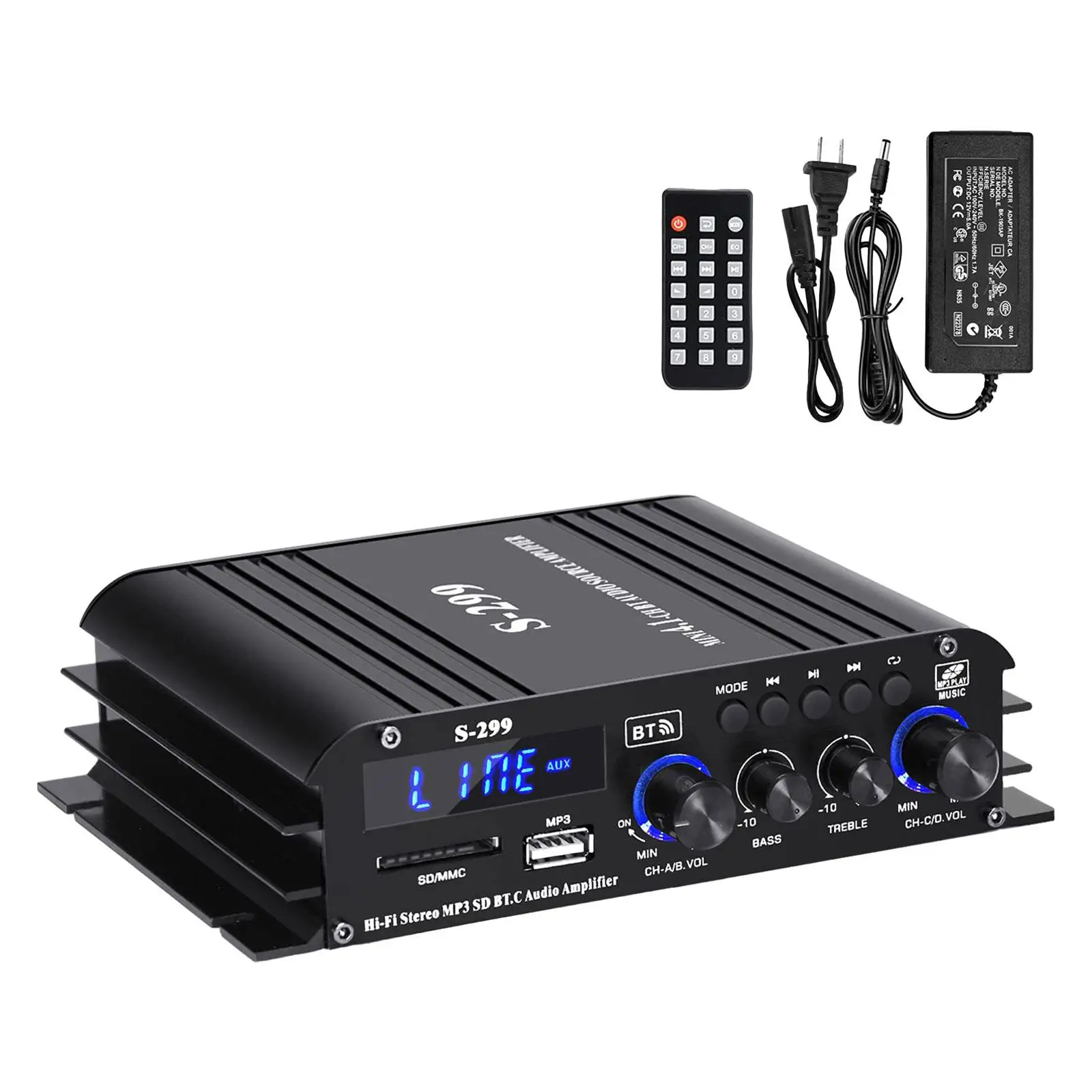 Amplificador de potência de áudio mini amplificador estéreo de alta fidelidade usb aux bt sd 4.1 ch para loja home theater display lcd portátil com controle remoto