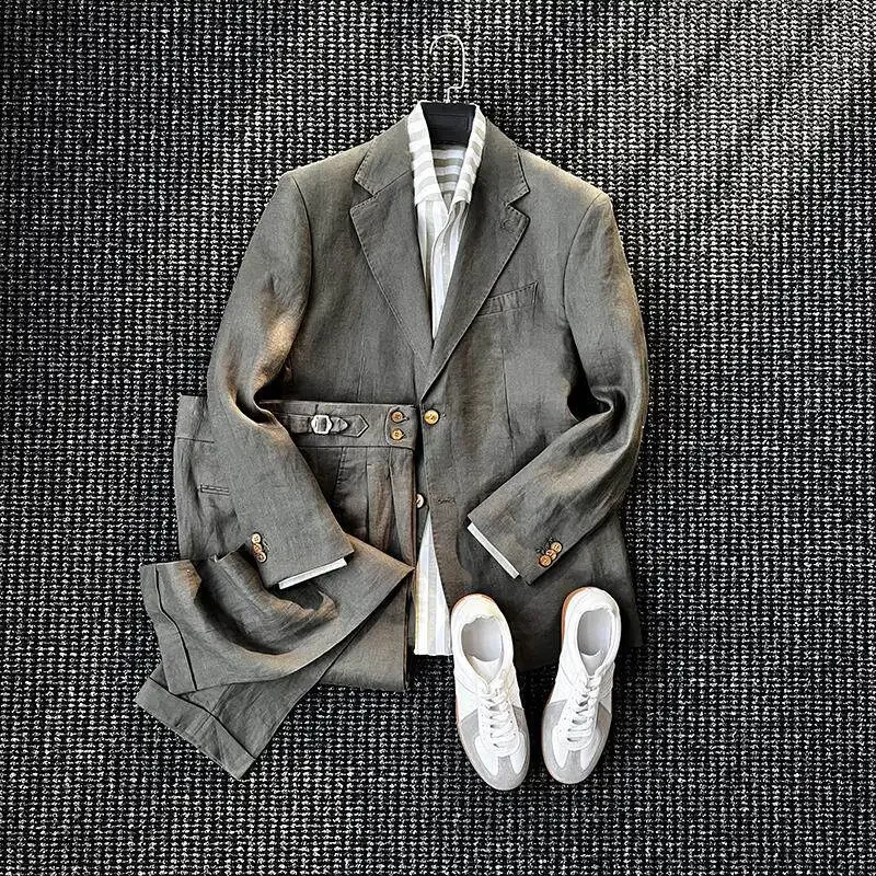 Spring Unstructured Flat Barrel Collar Japanese Linen Suit Men's Business Casual Commuter Suit
