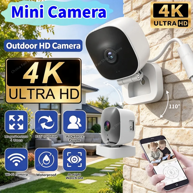 Mini 4K Wireless WiFi Security Camera Night Vision Motion Detection Two Way Audio Surveillance Cam For Baby Real Time Monitoring
