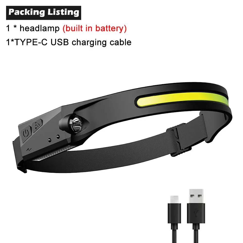 COB-LED-Stirnlampe mit Sensor, integriertem Akku, USB-wiederaufladbar, 5 Beleuchtungsmodi, Arbeitsleuchte