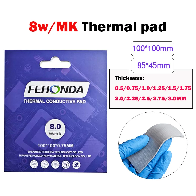 

Fehonda 8W 2mm 1mm Thermal Pad 1.75mm 100X100mm 0.5mm M2 CPU Heatsink Graphic Cards Chips Memory Chipset Termal pad