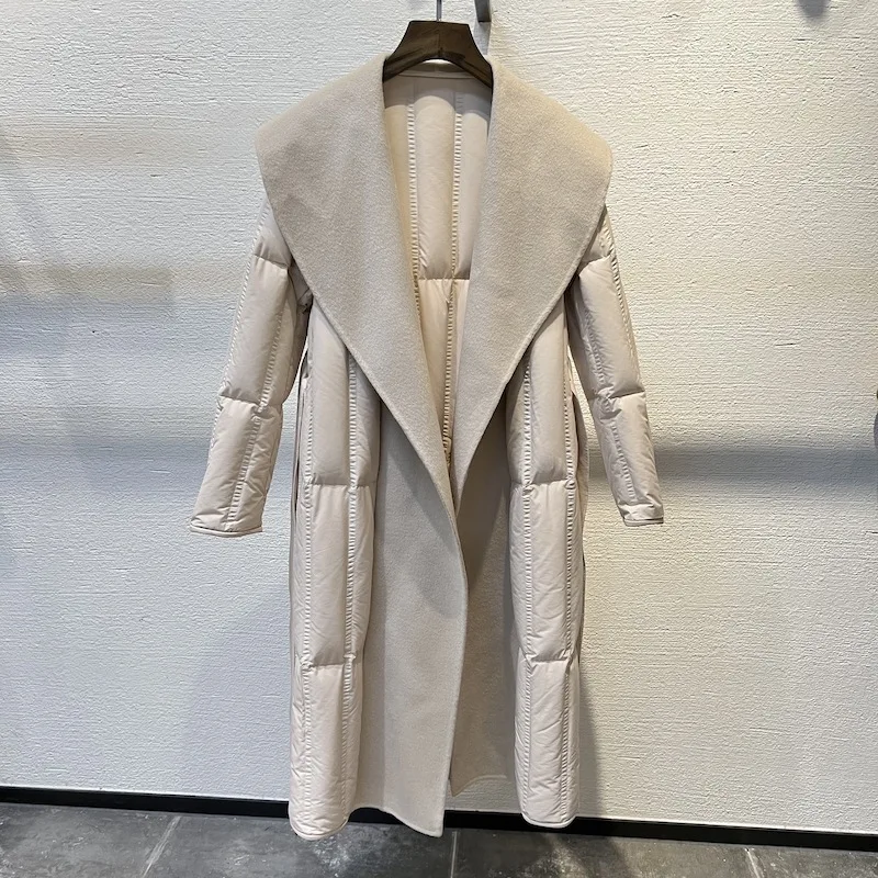 リバーシブル カシミヤ混 ホワイトグースダウンコート レディース ドローストリング付き