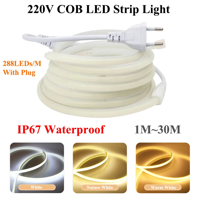 

AC 220V COB LED Strips Lights Waterproof LED Outdoor Light 288 LEDs/M 1M-30M LED Light For Room Decoration With Switch And Plug