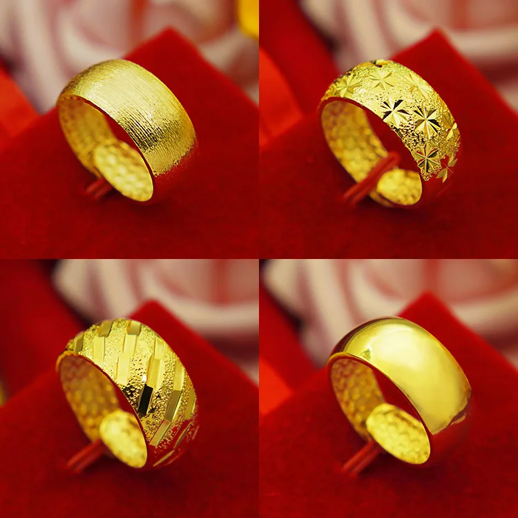 

9999 Real Gold 24K Large Wide Face Thick Gold Brushed Ring Large Glossy Ring Men's Gypsy Meteor Shower Ring Printing