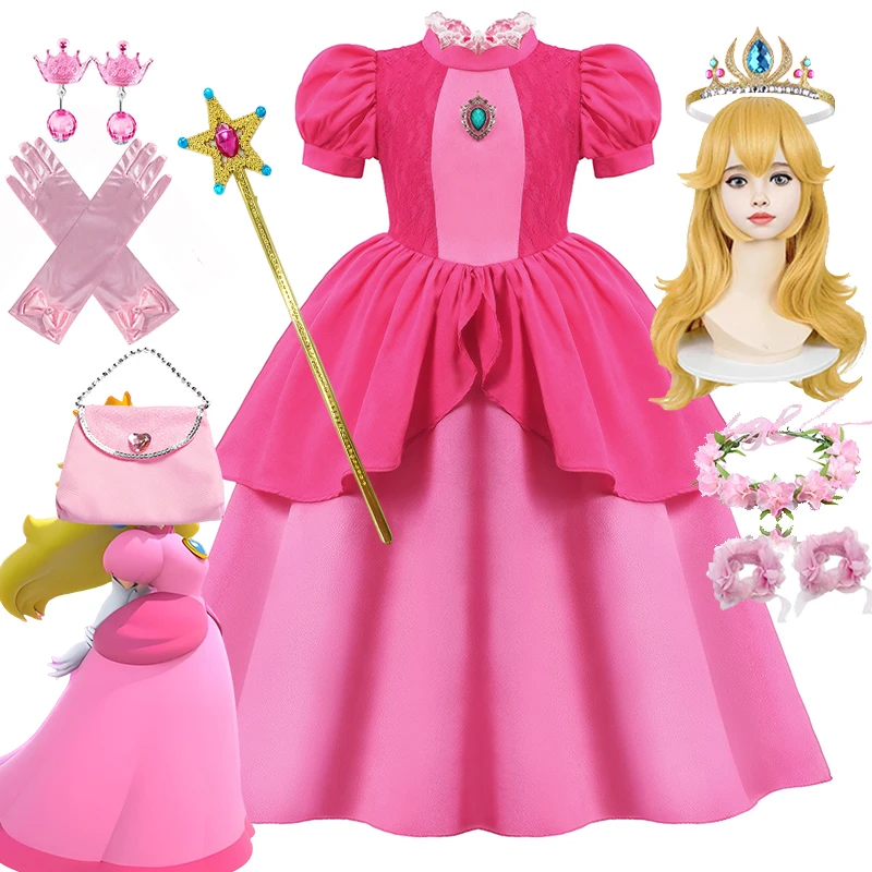 Vestido de Cosplay de princesa de melocotón, Gows de bola Rosalina rosa de película para Prium, Carnaval, disfraz de princesa para niña, ropa de fantasía, 2024