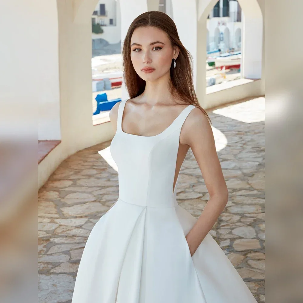 vinca sunny Customized Wedding Dresses White Satin Sleeveless Bridal Gowns for Women Bride Open Back A Line Vestido de Novia