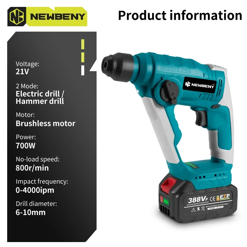 NEWBENY 10mm Mini Brushless Electric Hammer Drill Cordless 2 Modes Efficient Impact Drill Power Tools For Makita 18V-21V Battery