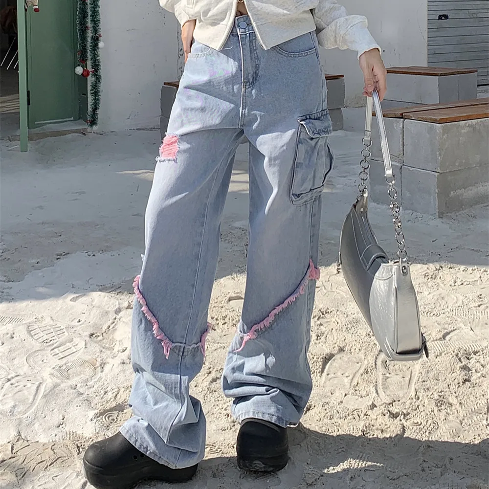 Korean Fashion Loose Jeans for Women Denim Hole Broken Retro Streetwear Spicy Girls Wide Leg Cargo Pants Women Clothing