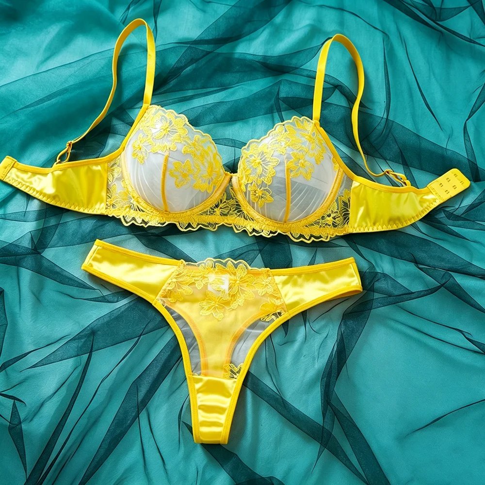 Luxury Satin Lingerie Set Sheer Mesh Splicing Women's Underwear Delicate Embroidery Sexy Intimate Underwire Bra and Panties Sets