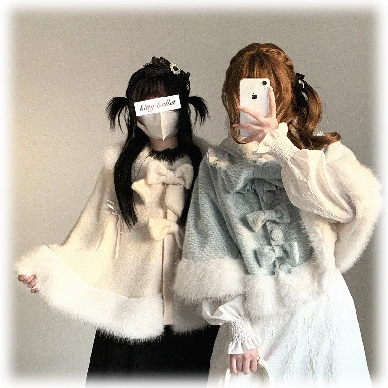 Japanese Sweet Original Bowknot Cat Ear Hooded Fleece Small Cape Coat Women's Clothing Kawaii Sweet Ponchos Lolita Style Jacket