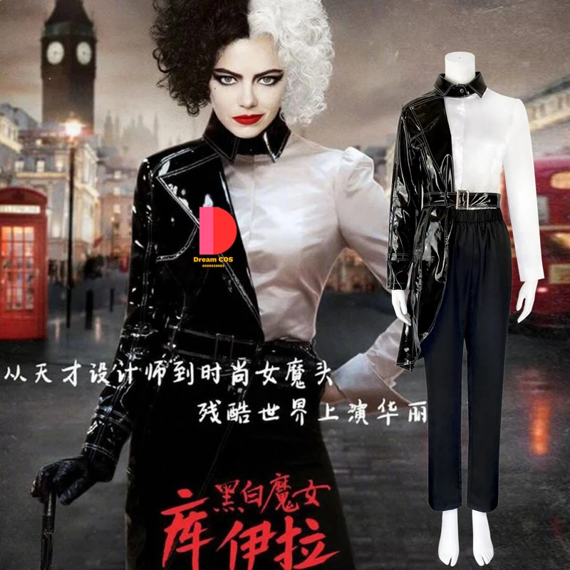 Cruella Cosplay Costume From 101 Dalmatians Girl New Arrival Movie Black and White Fashion Dress for Adult Women Halloween Party